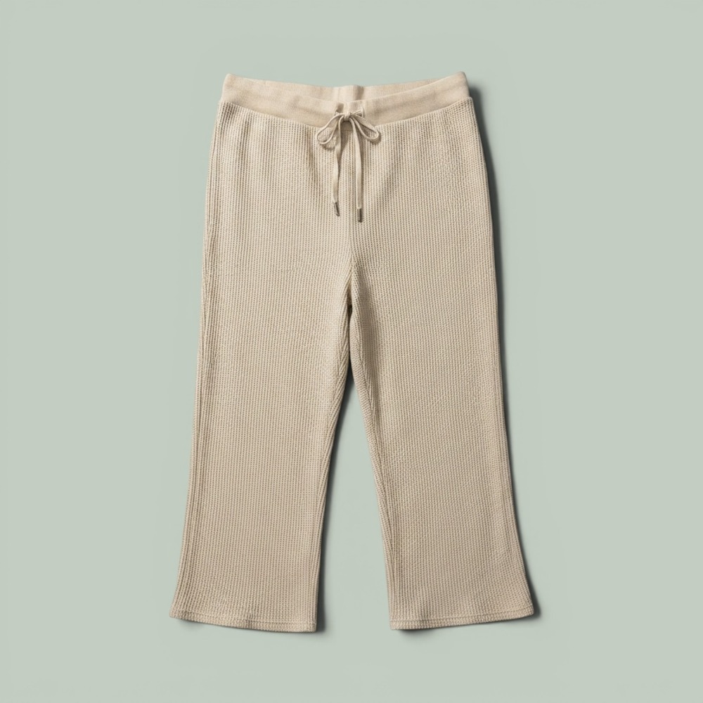 THREAD & SUPPLY Oatmeal Waffle Knit Wide Leg Cropped Pull-On Lounge Pant, Large